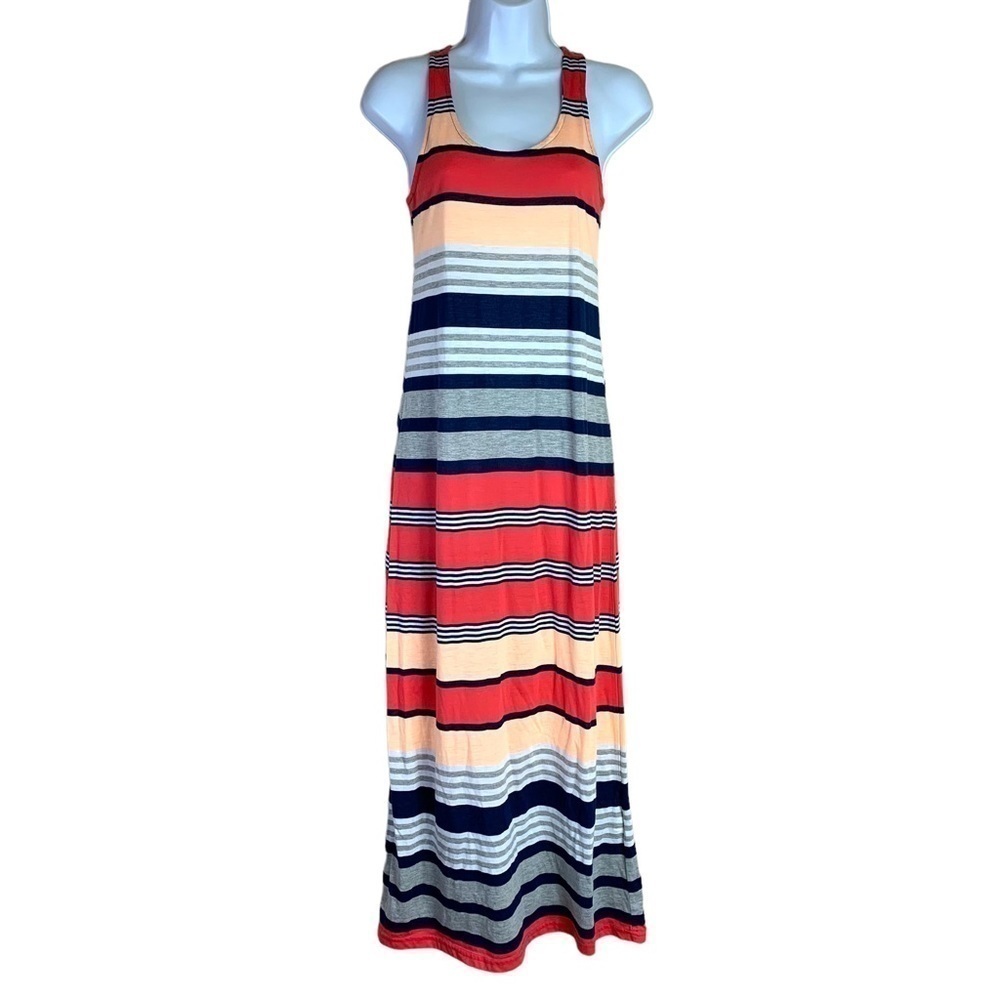 Small Striped Maxi Dress Sleeveless Stretch Red White Orange Just Love Colorful